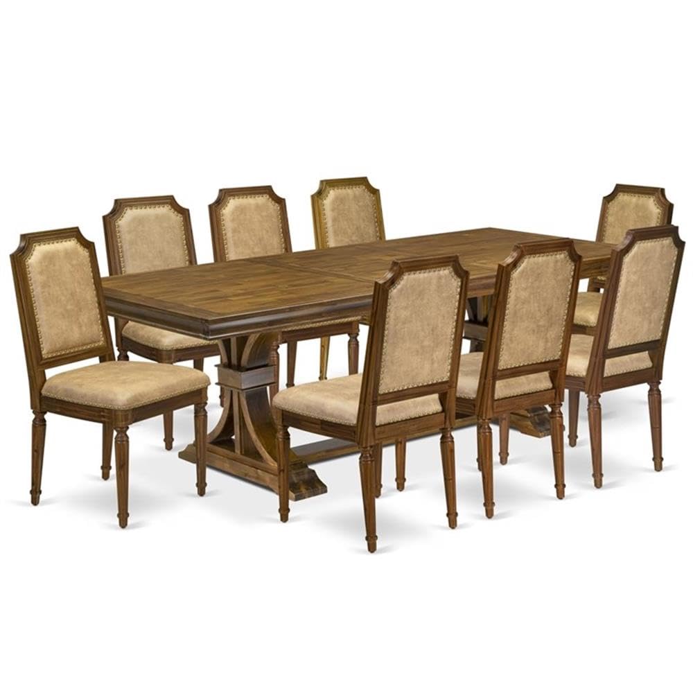 9-Piece Acacia Wood Dining Table Set with 8 Beige PU Leather Chairs O833454