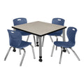 30" Square Mobile Table with 4 Blue Stackable Chairs P2240