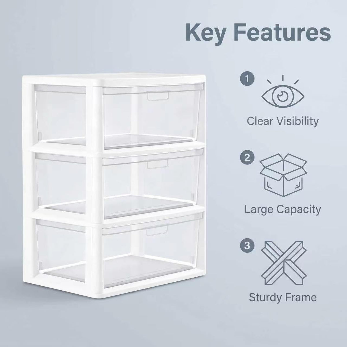 White 3 Drawer Plastic Storage Tower with Clear Bins E9020