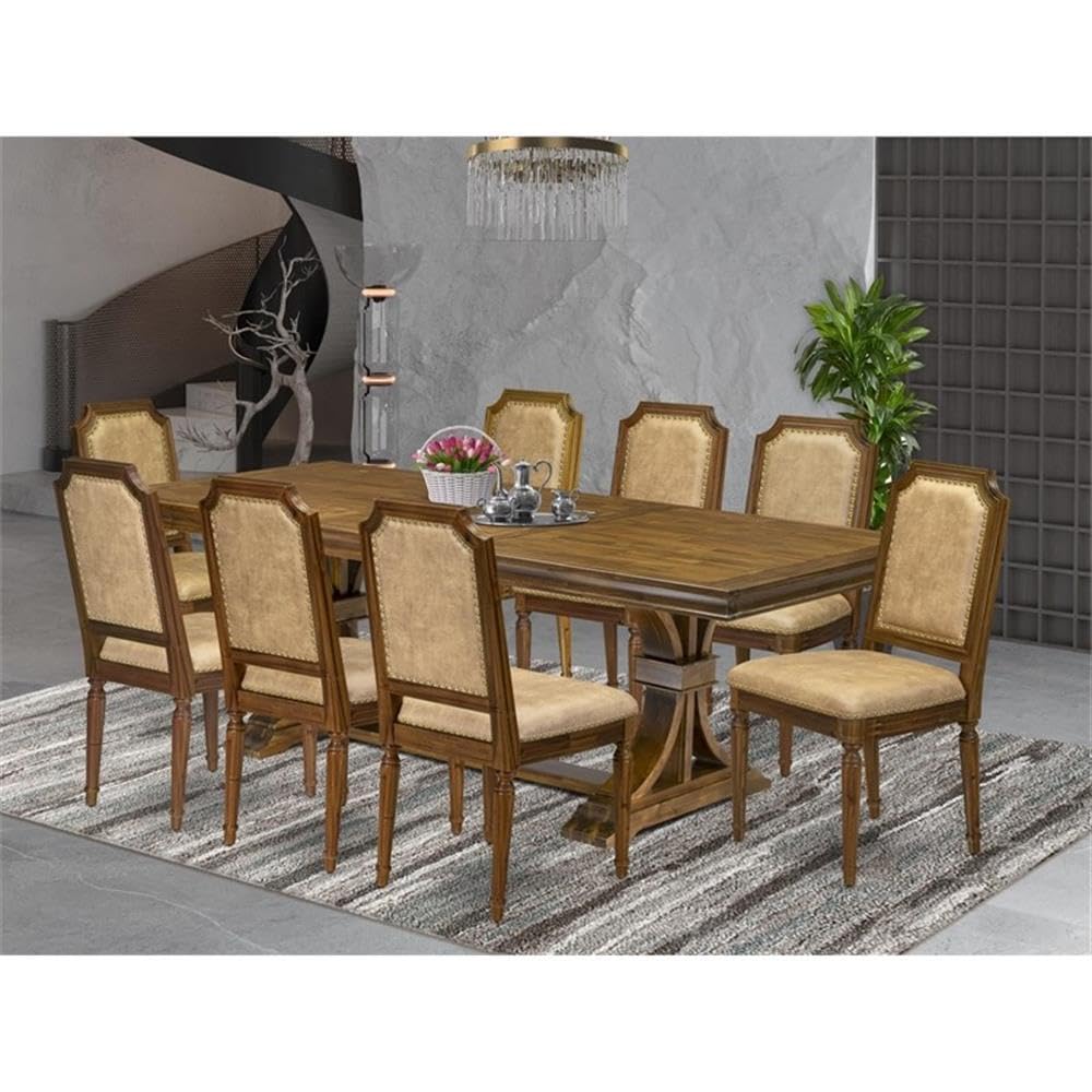 9-Piece Acacia Wood Dining Table Set with 8 Beige PU Leather Chairs O833454
