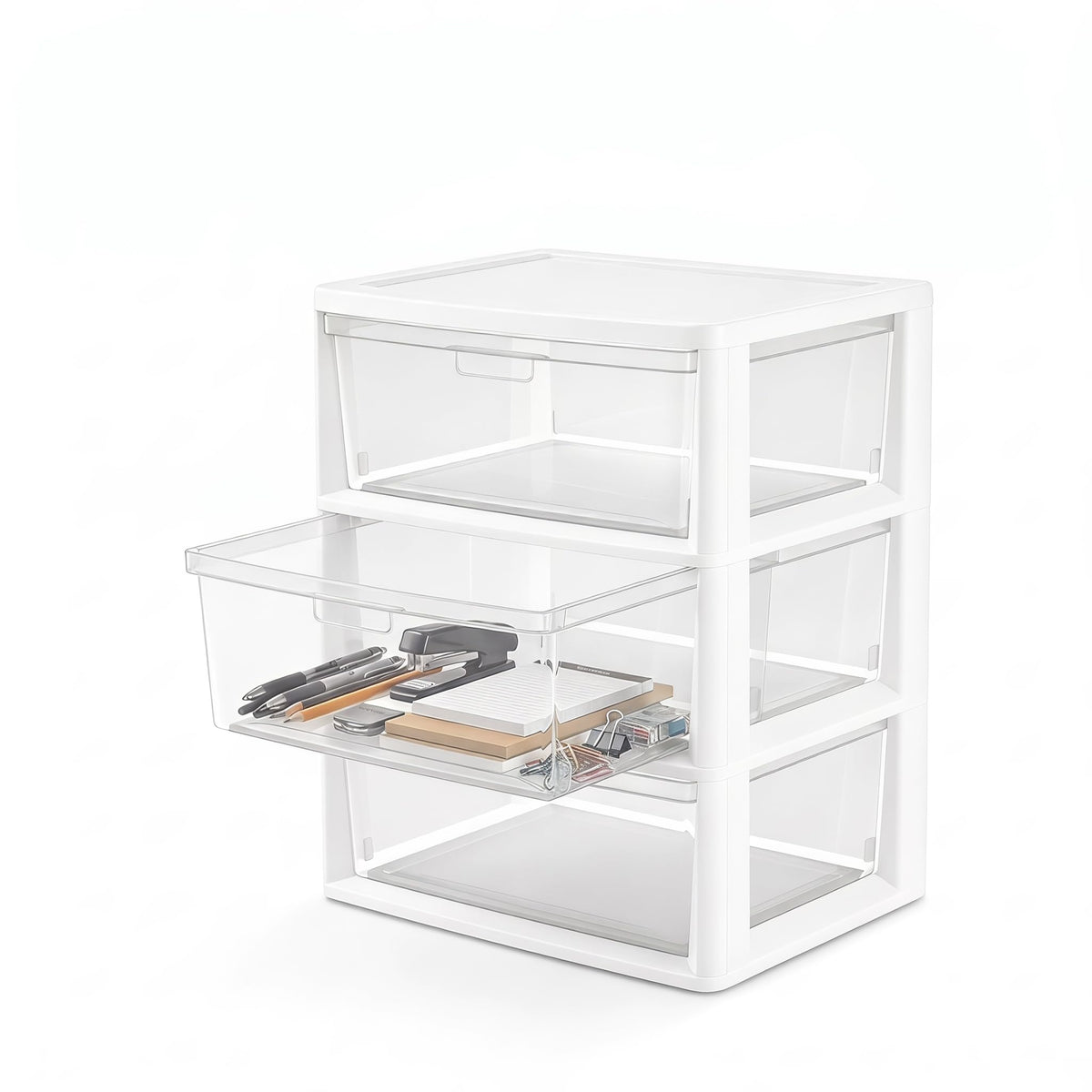 White 3 Drawer Plastic Storage Tower with Clear Bins E9020