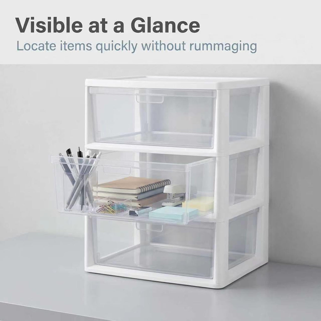 White 3 Drawer Plastic Storage Tower with Clear Bins E9020