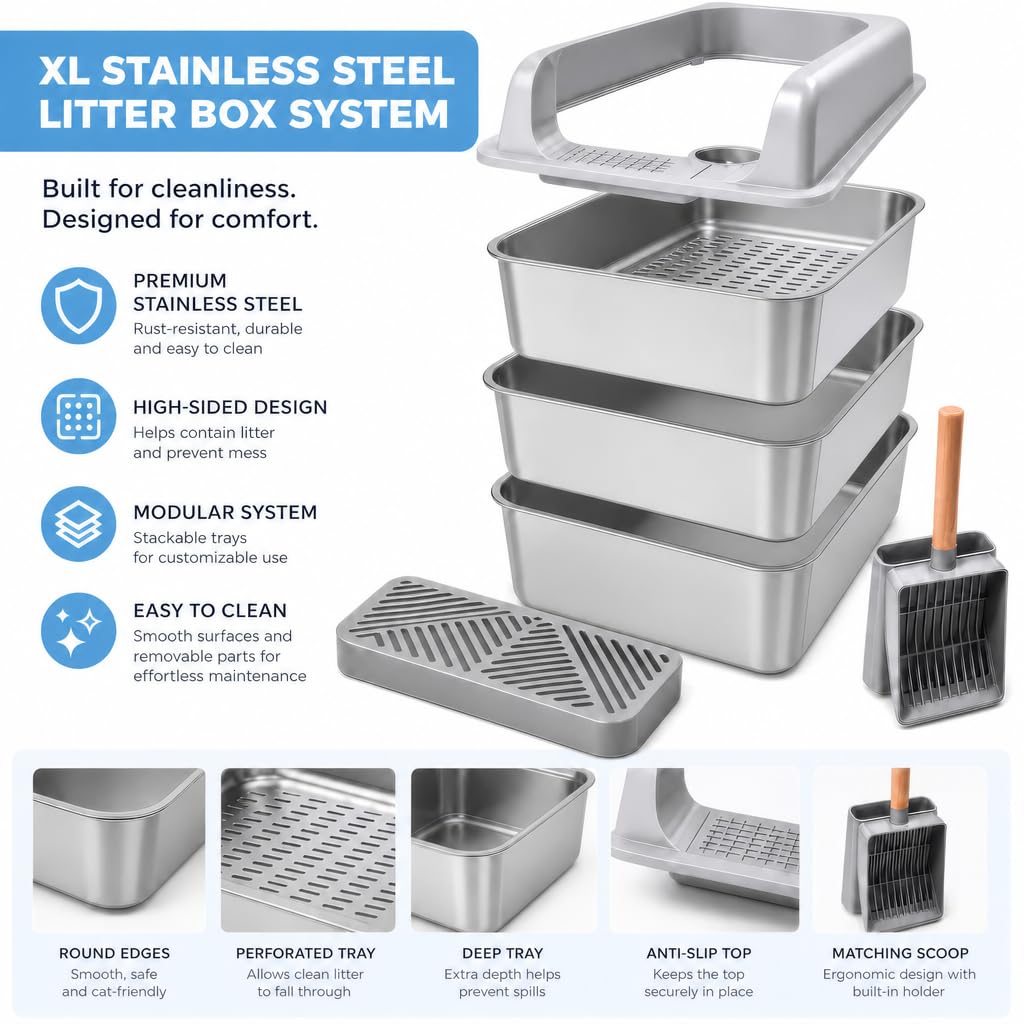 XL Stainless Steel Sifting Cat Litter Box with High Sides D78376
