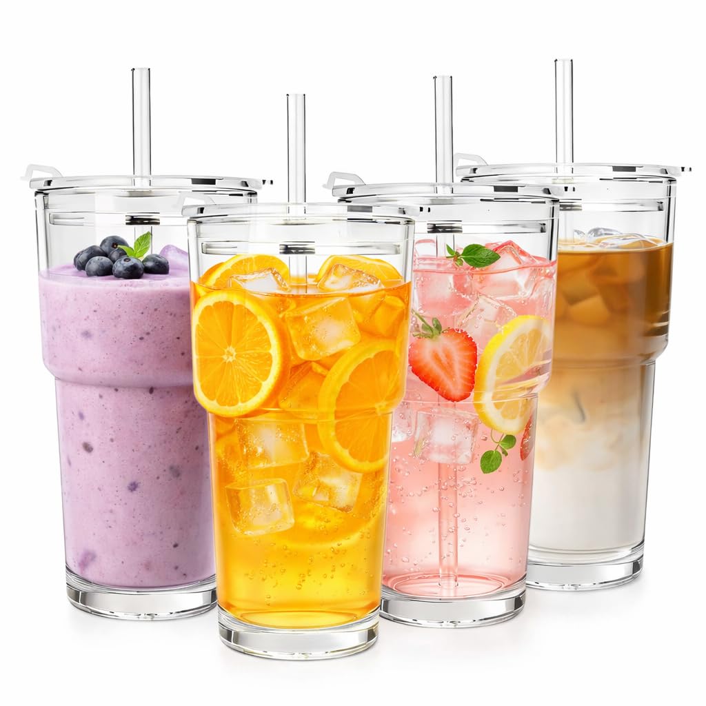 Clear Iced Coffee Cups with Lids 4 Pack 20oz Reusable Glass Cups J22665