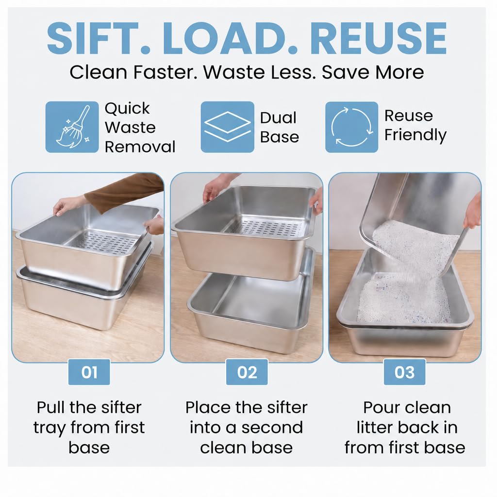 XL Stainless Steel Sifting Cat Litter Box with High Sides D78376