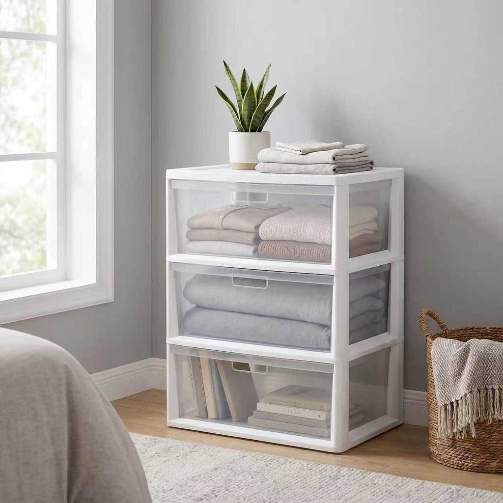 White 3 Drawer Plastic Storage Tower with Clear Bins E9020