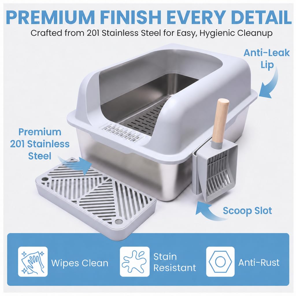 XL Stainless Steel Sifting Cat Litter Box with High Sides D78376