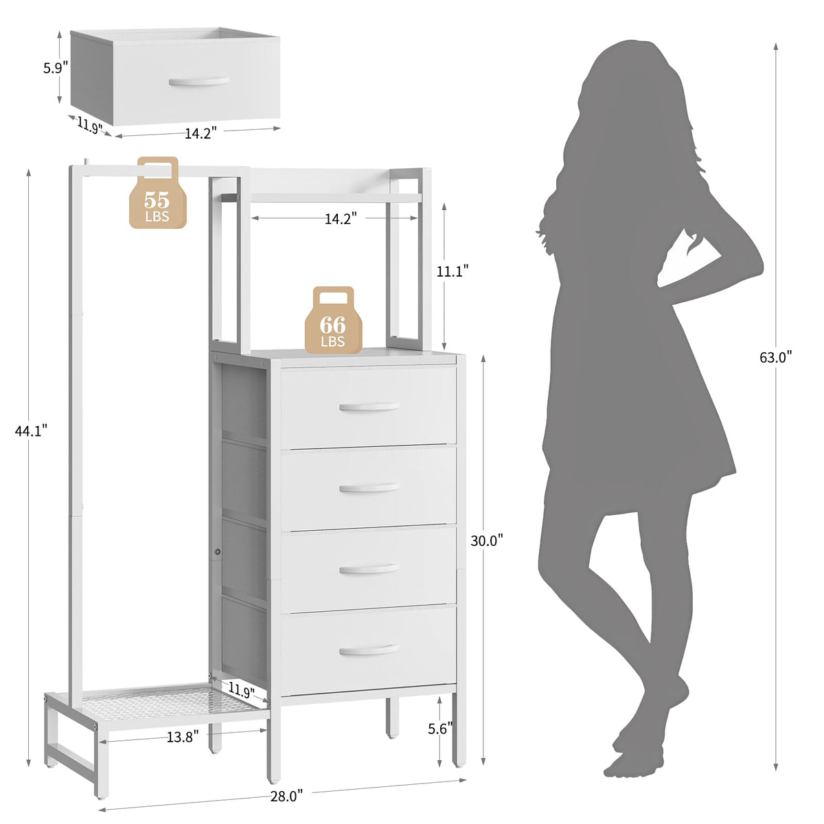 White 4 Drawer Dresser with Hanging Rack C49514