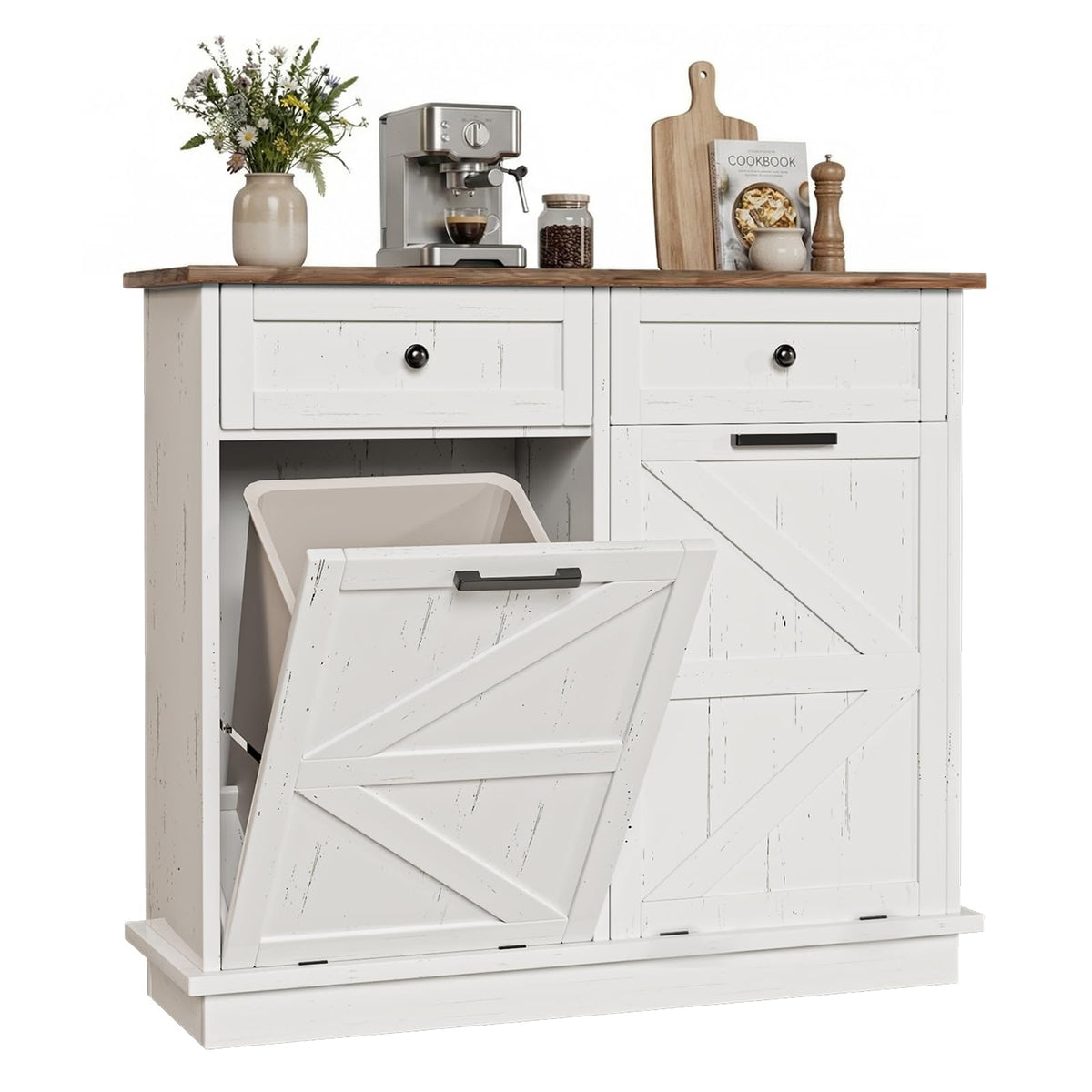 20 Gallon Wooden Tilt Out Trash Can Cabinet with 2 Drawers W7087