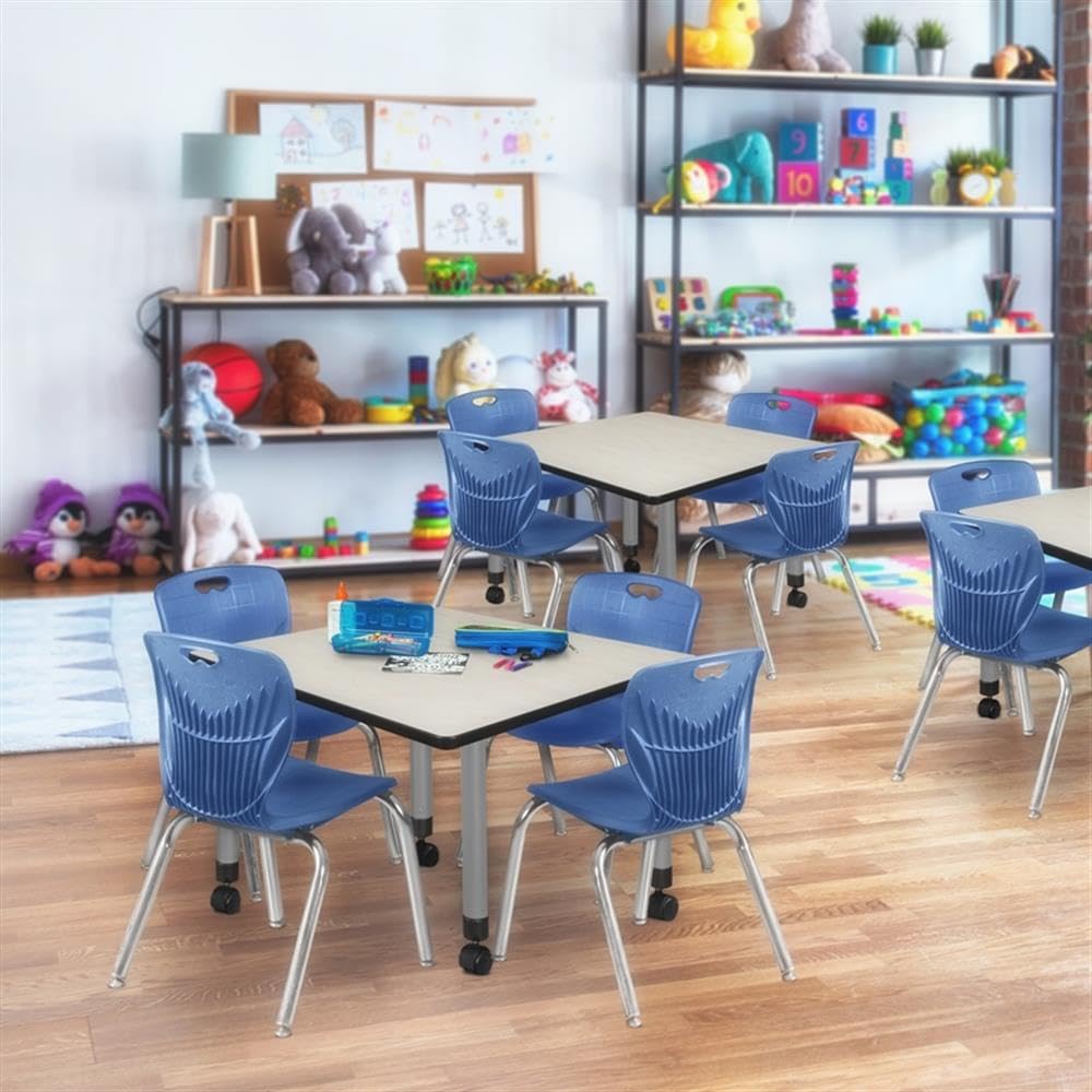 30" Square Mobile Table with 4 Blue Stackable Chairs P2240