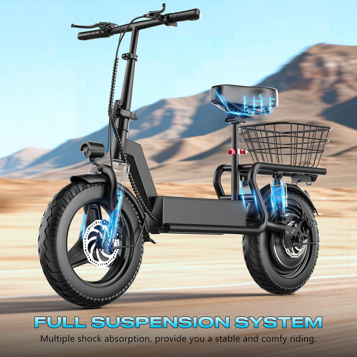 Electric Scooter with Seat, 1000W Peak Motor, 25 MPH, 14" Pneumatic Tires F90214