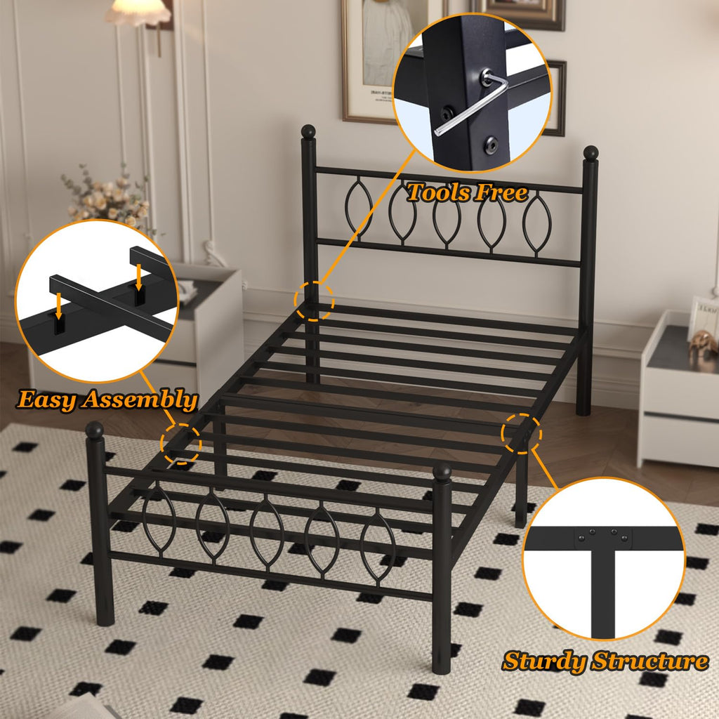 Black 14 Inch Metal Platform Twin Bed Frame with Headboard X91638