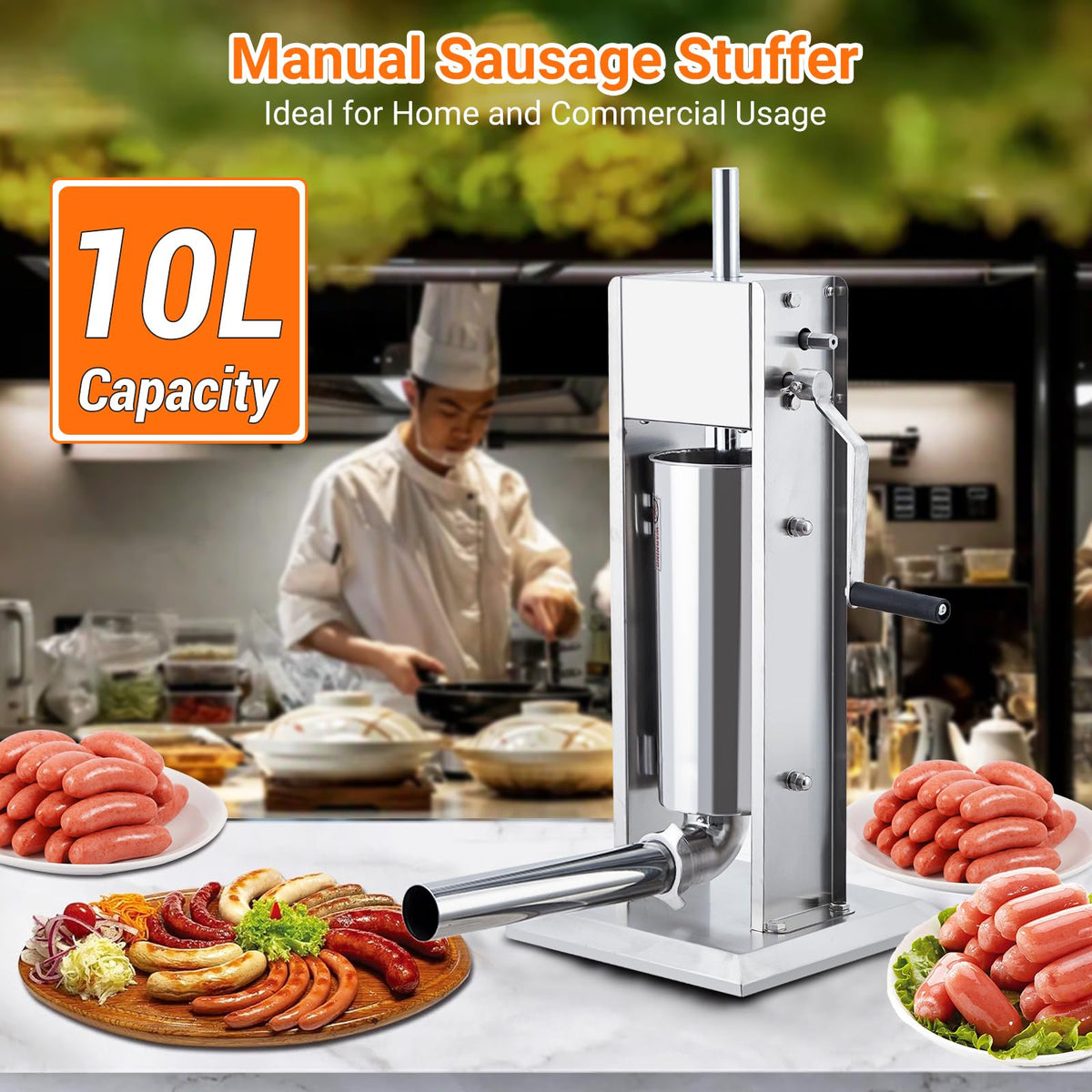 Manual Stainless Steel Sausage Stuffer with 5 Stuffing Tubes E844950