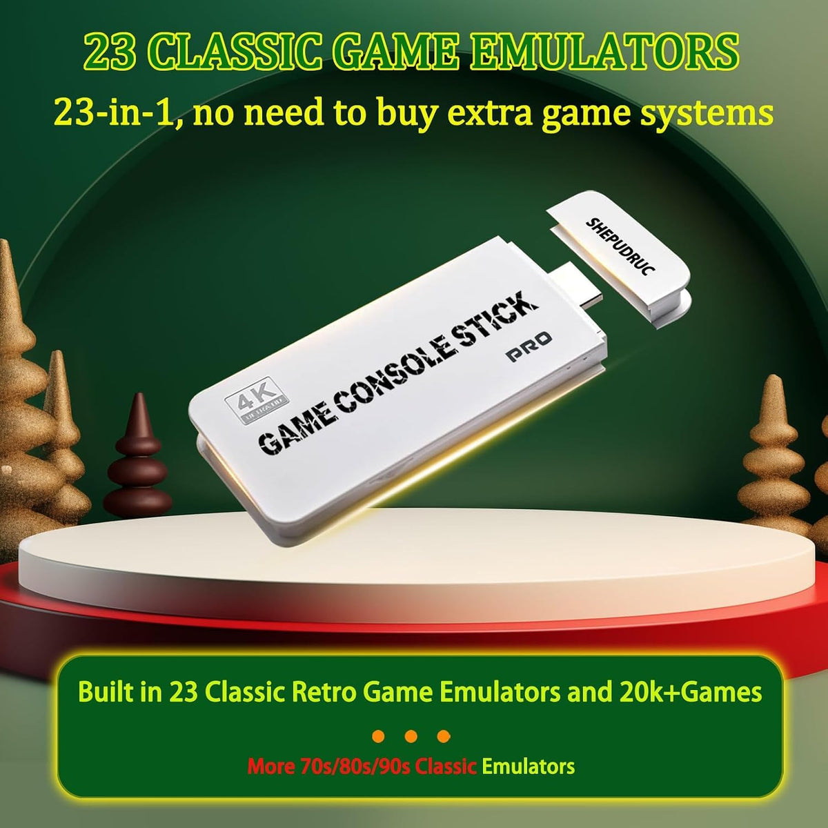 Wireless Retro Gaming Console Stick, 23 Built-In Emulators, 20,000+ Games, 4K HDMI Output, Dual 2.4G Wireless Controllers, 64GB J1854