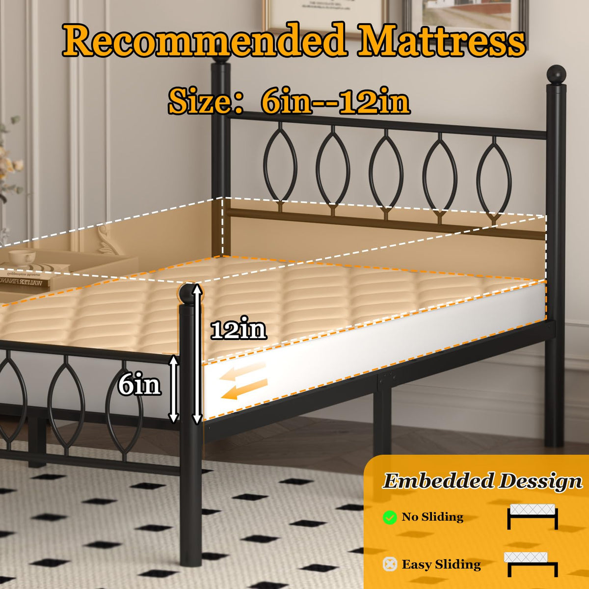 Black 14 Inch Metal Platform Twin Bed Frame with Headboard X91638