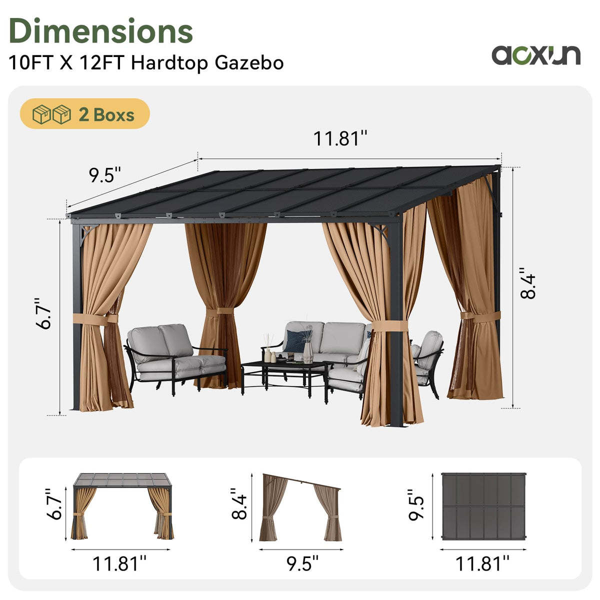12'x10' Lean to Gazebo with Mosquito Net and Curtains, Brown N39636