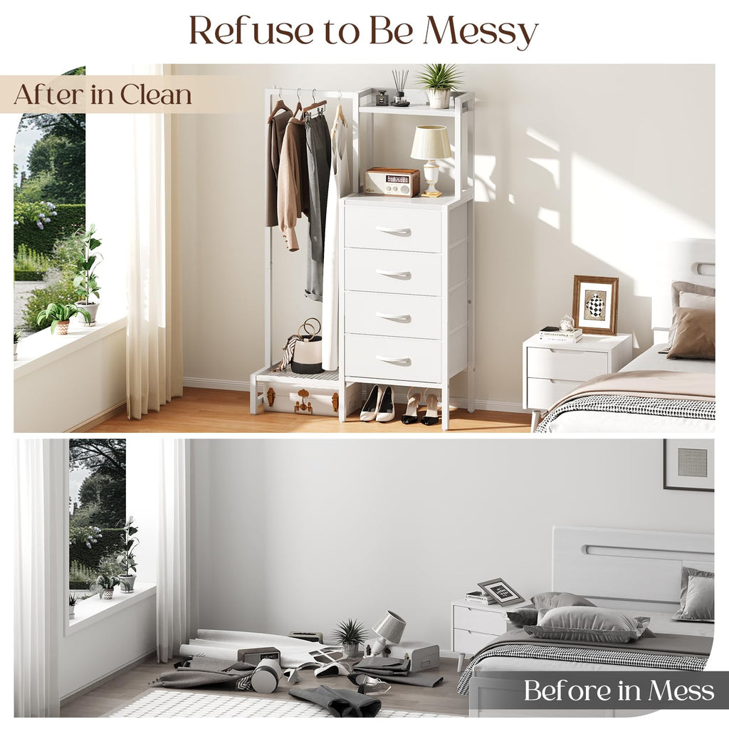White 4 Drawer Dresser with Hanging Rack C49514