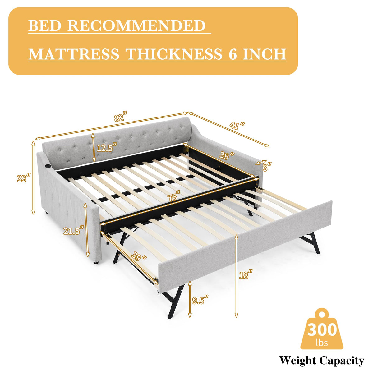 Twin Size Upholstered Daybed with Pop Up Trundle and USB Charging Ports X851843