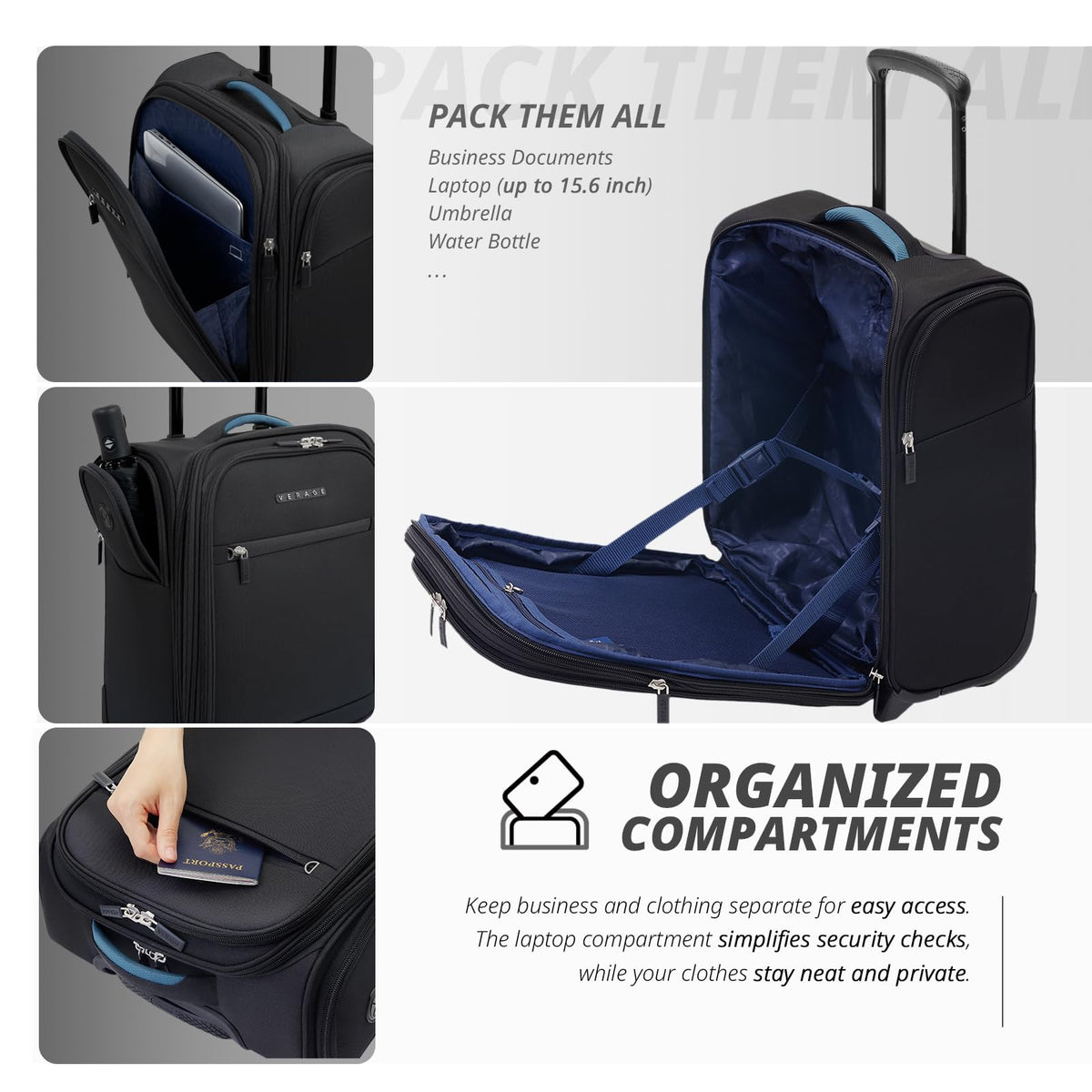 16-Inch Black Underseat Carry On Luggage with Wheels Z270