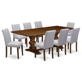 9 Piece Walnut Dining Table Set with 8 Grey Linen Chairs T912