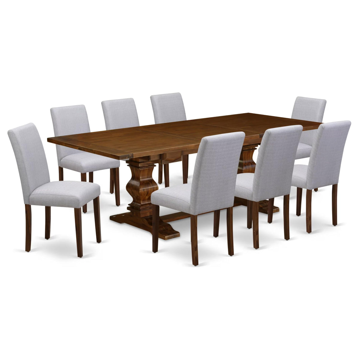 9 Piece Walnut Dining Table Set with 8 Grey Linen Chairs T912