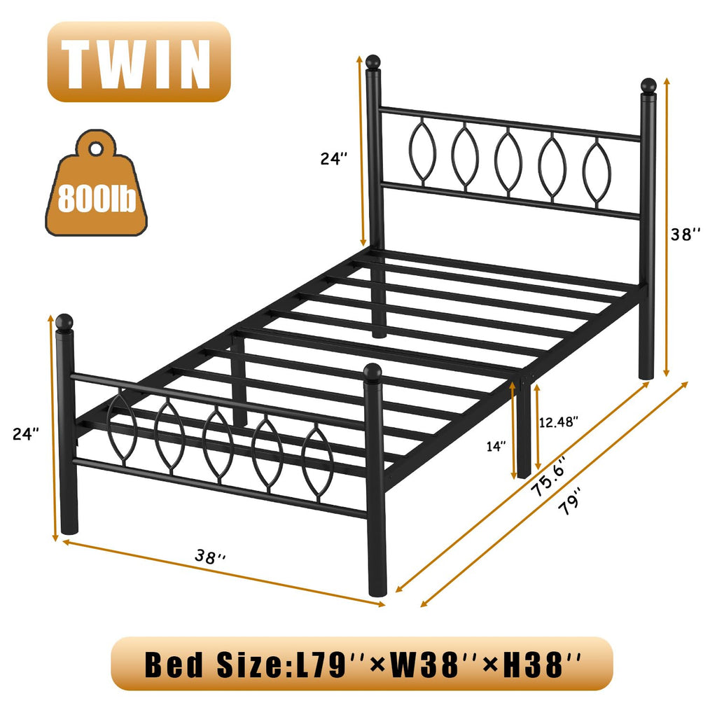 Black 14 Inch Metal Platform Twin Bed Frame with Headboard X91638