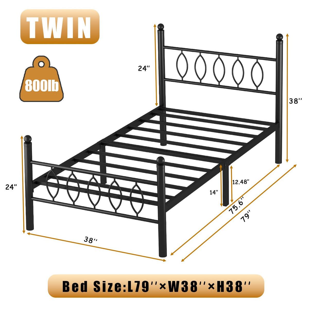 Black 14 Inch Metal Platform Twin Bed Frame with Headboard X91638