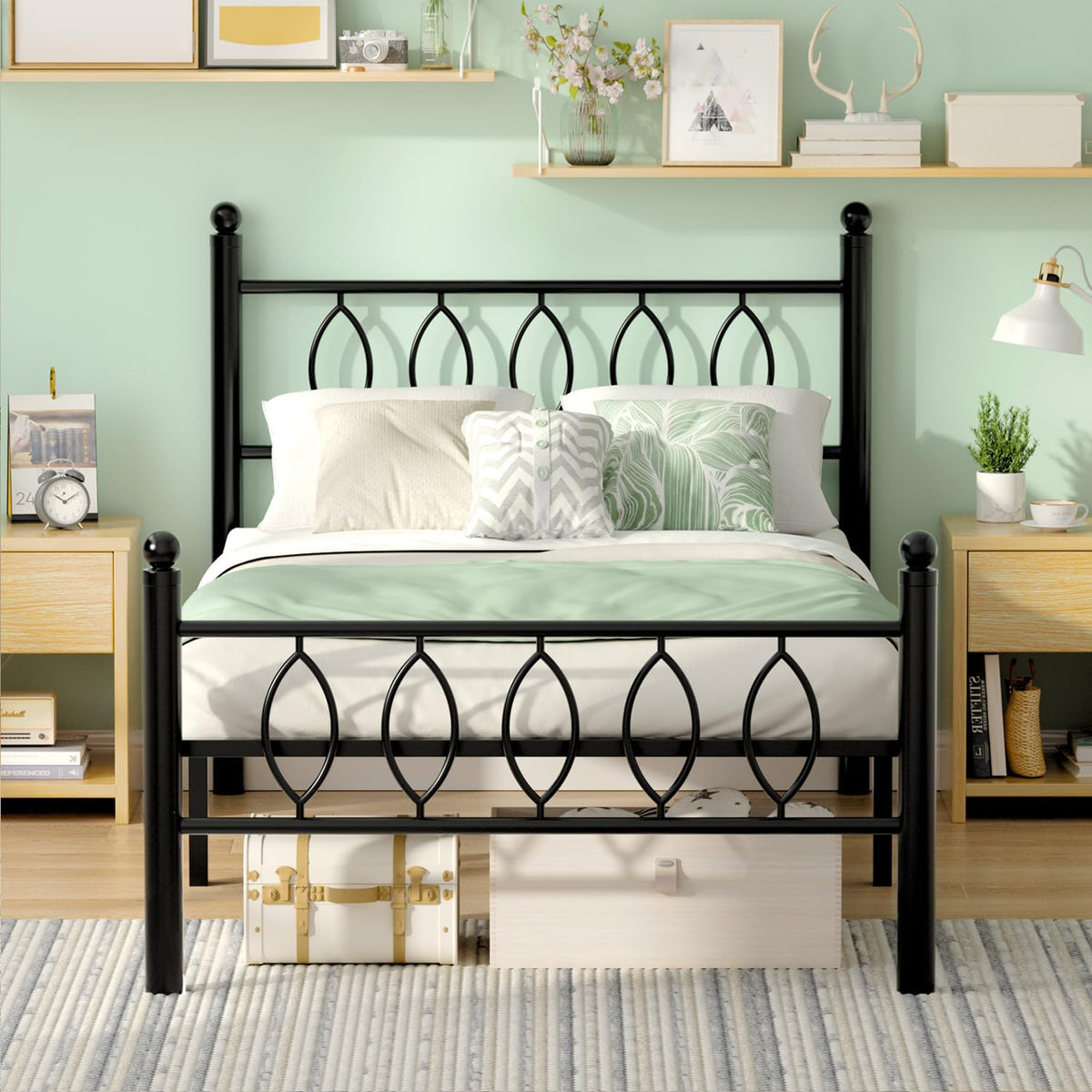 Black 14 Inch Metal Platform Twin Bed Frame with Headboard X91638