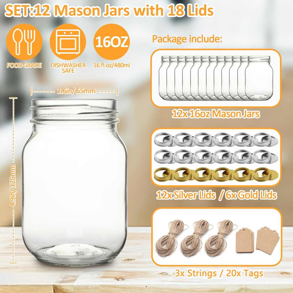 16 oz Wide Mouth Glass Mason Jars 12 Pack with Lids S522