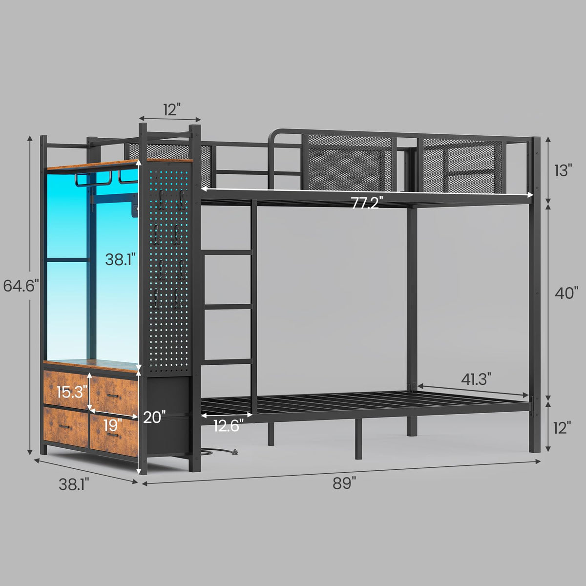 Twin Over Twin Metal Bunk Bed with Hall Tree and 4 Storage Drawers I405377