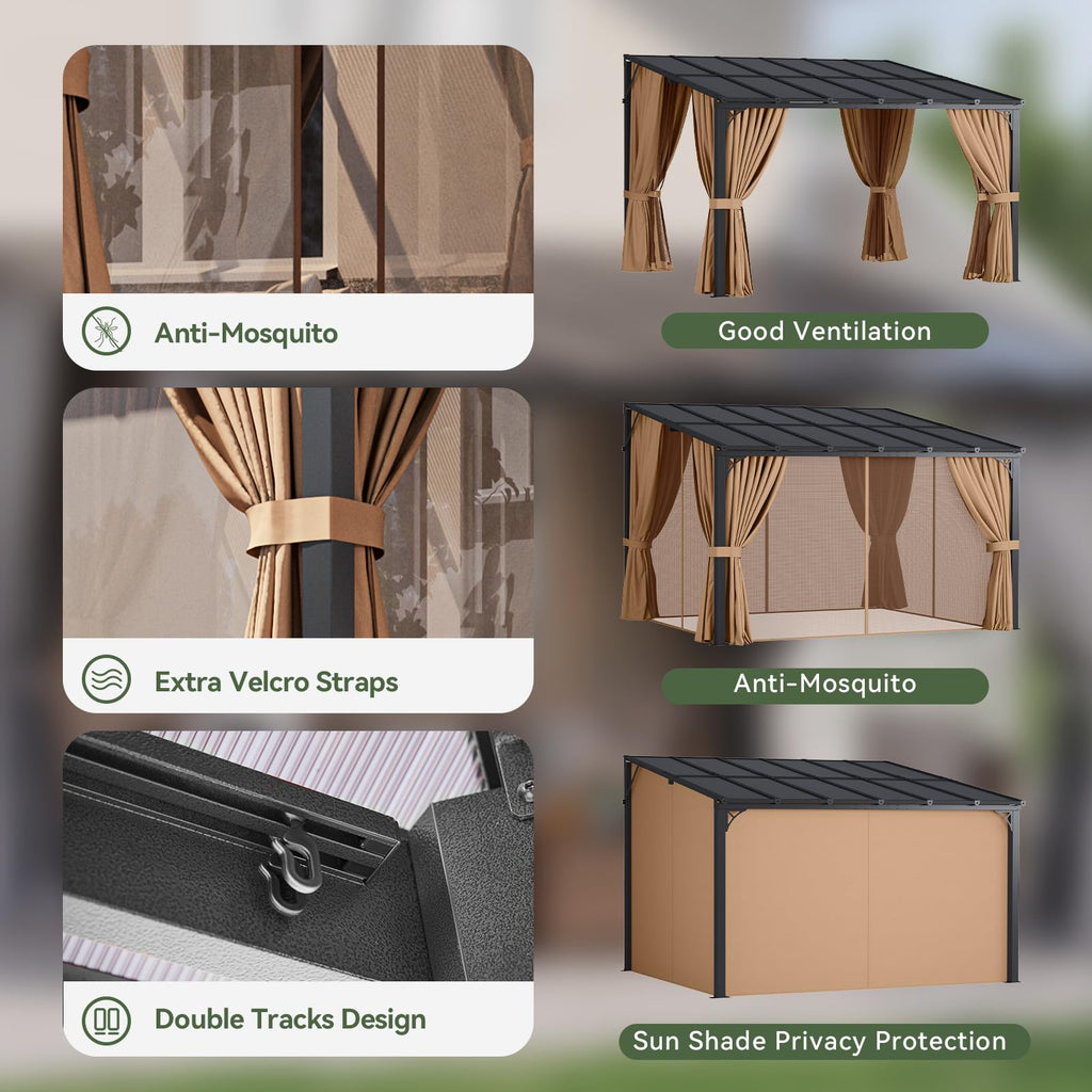 12'x10' Lean to Gazebo with Mosquito Net and Curtains, Brown N39636