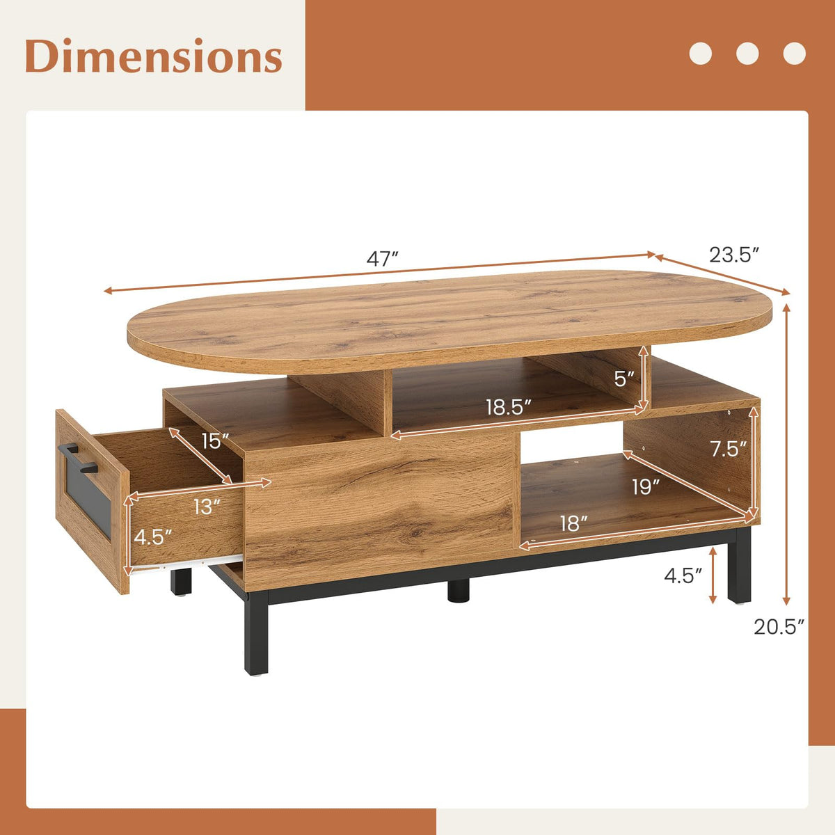 47" Oval Wood Coffee Table with Storage O99049