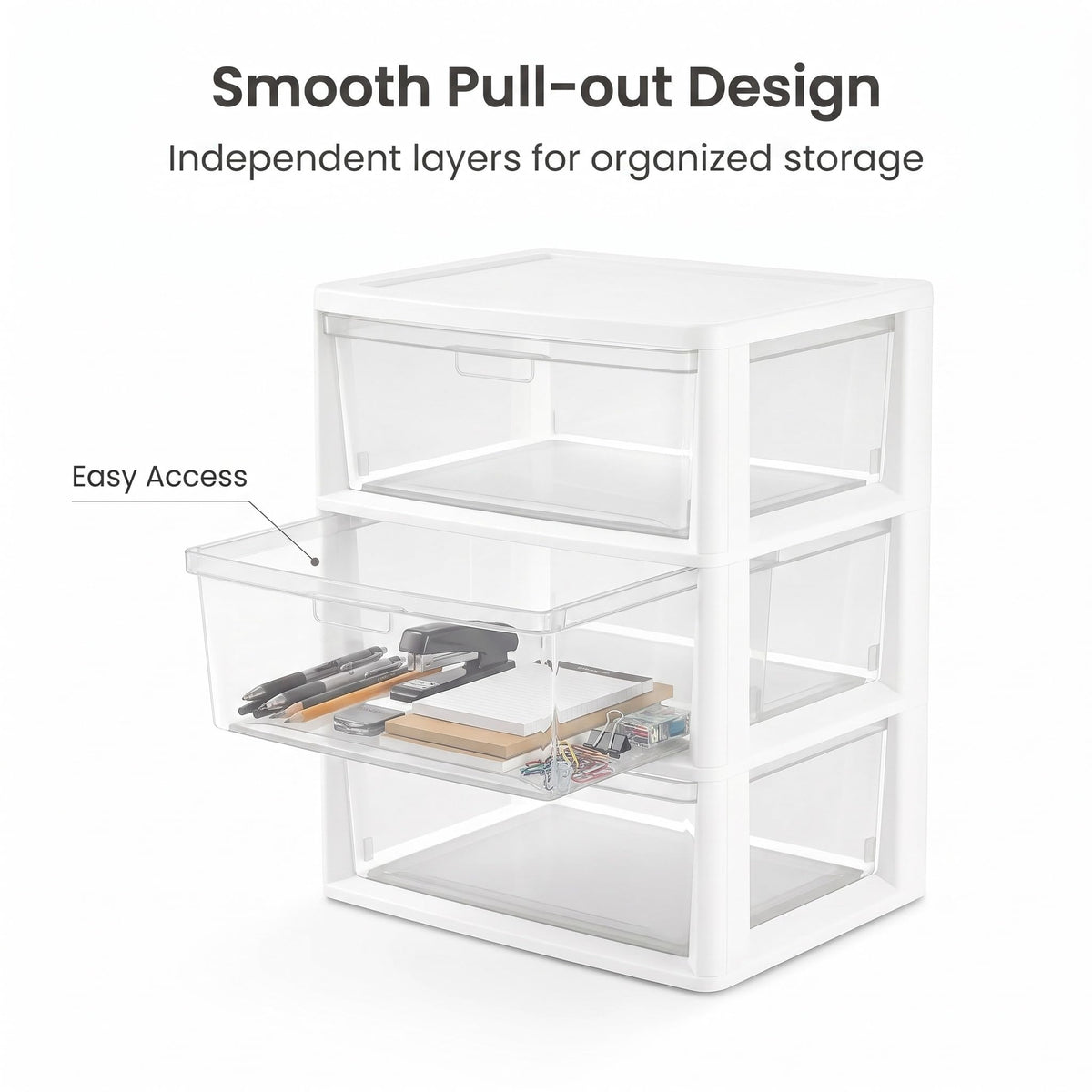 White 3 Drawer Plastic Storage Tower with Clear Bins E9020