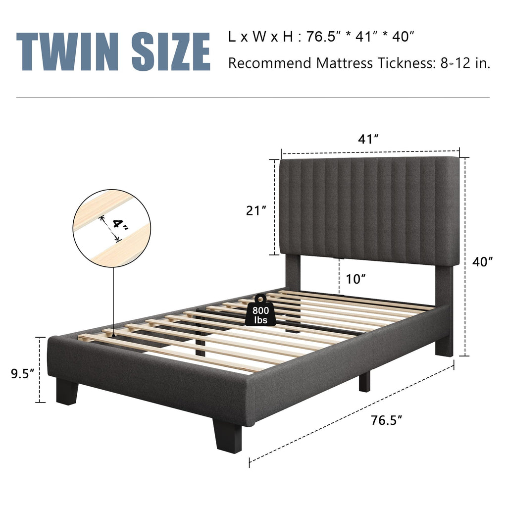 Twin Size Upholstered Linen Platform Bed Frame with Headboard J632518