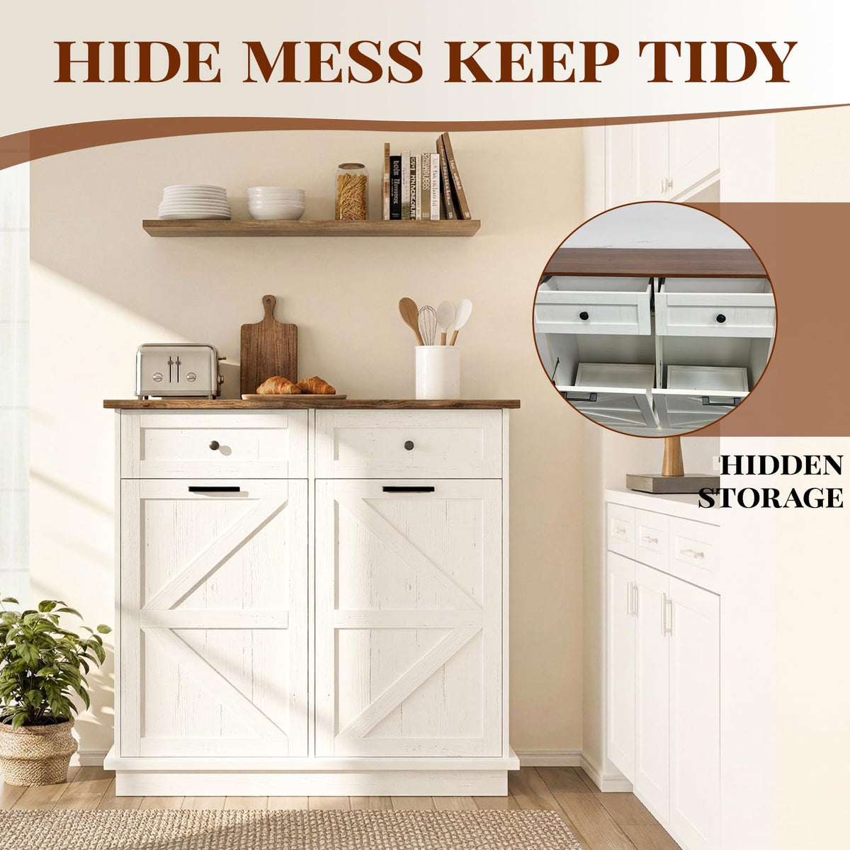 20 Gallon Wooden Tilt Out Trash Can Cabinet with 2 Drawers W7087