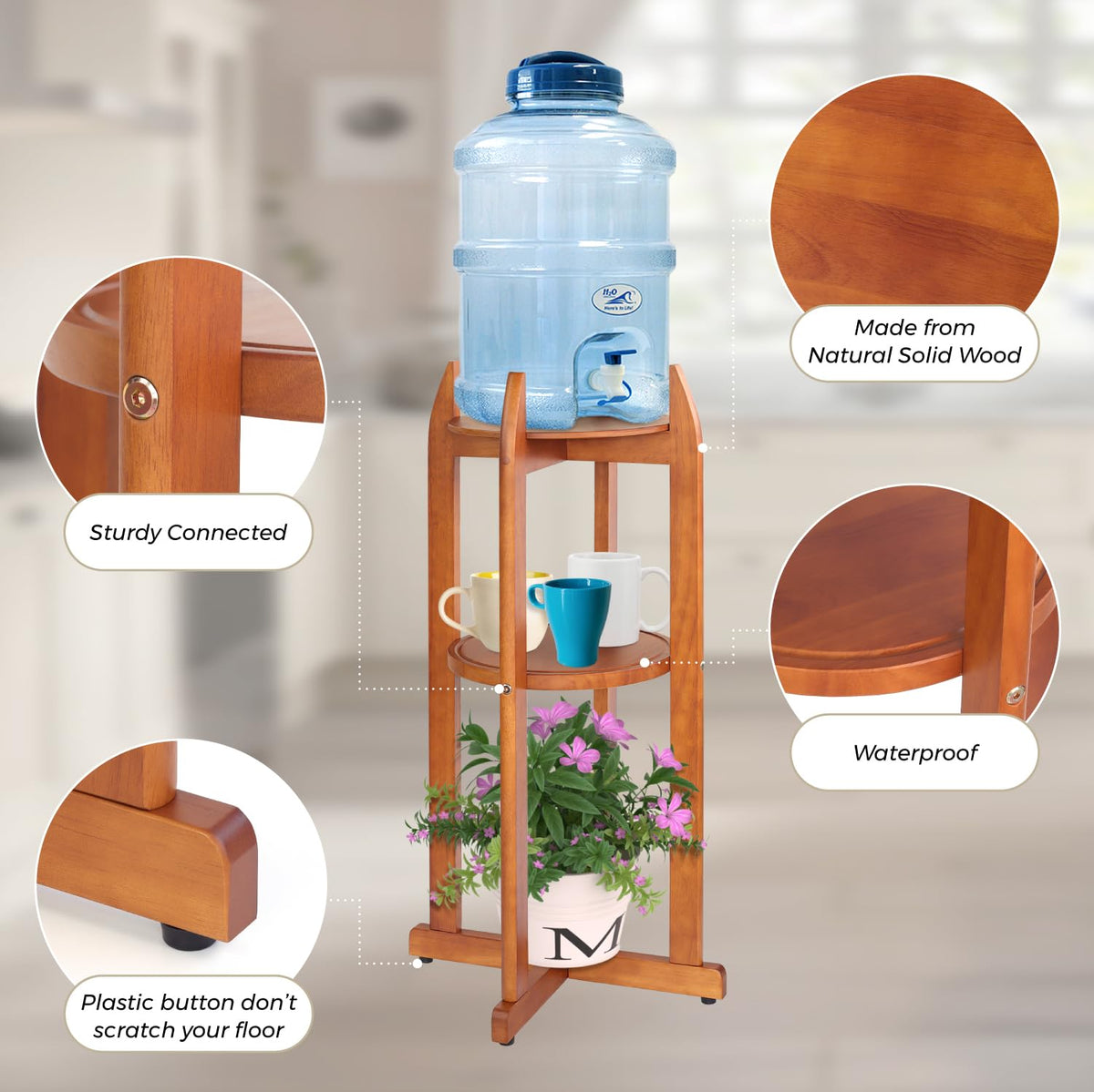 Solid Wood Water Dispenser Stand with 2 Shelves C522