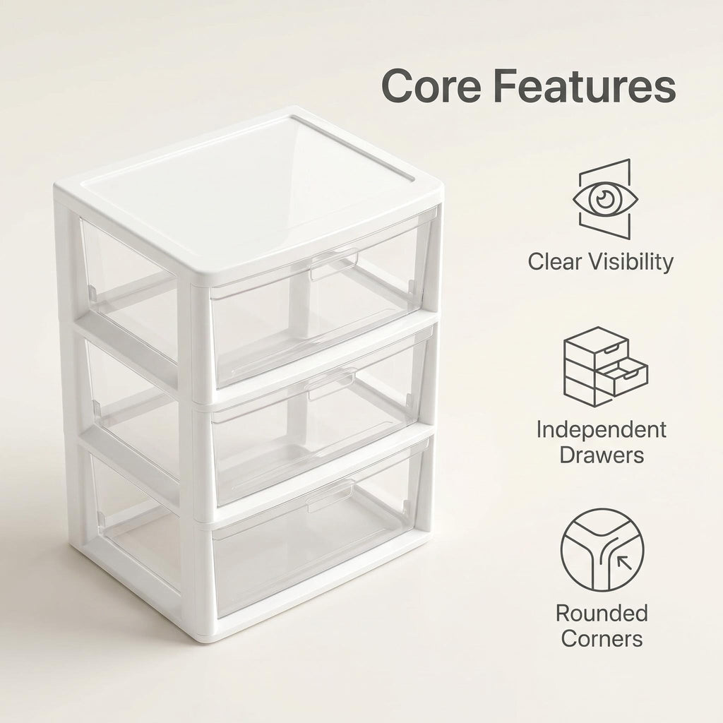 White 3 Drawer Plastic Storage Tower with Clear Bins E9020