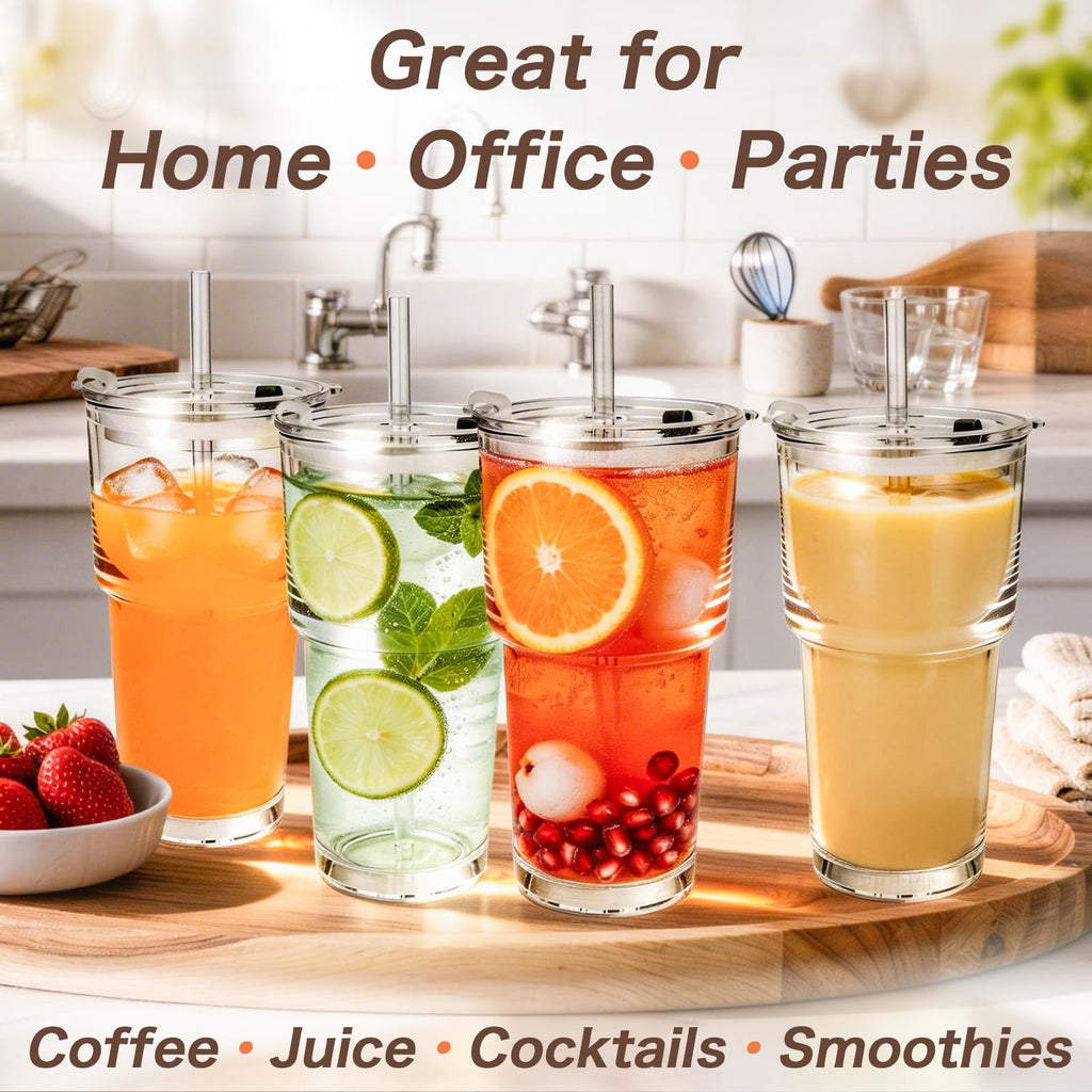 Clear Iced Coffee Cups with Lids 4 Pack 20oz Reusable Glass Cups J22665