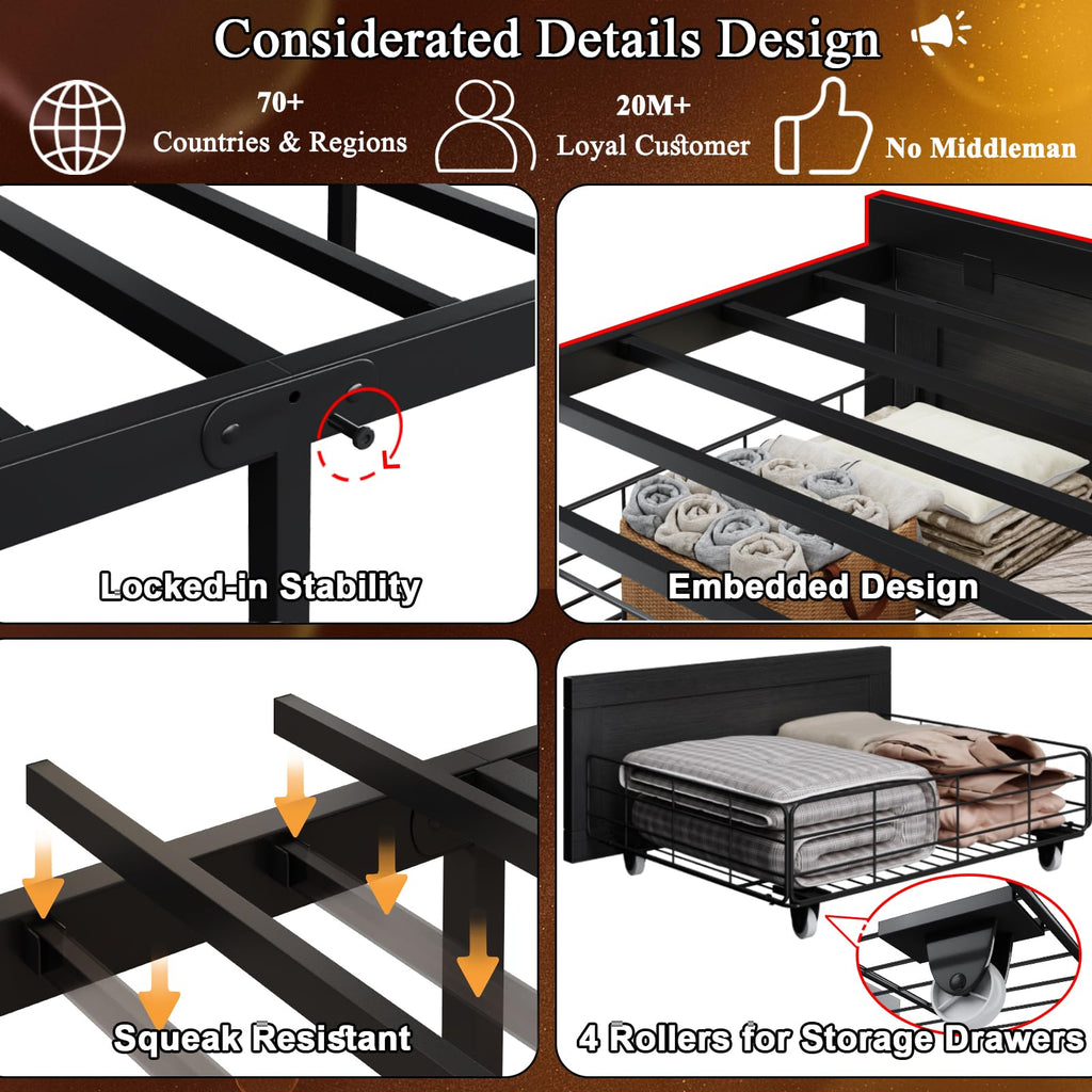 Black Twin Bed Frame with Storage Headboard and Drawers Z721903