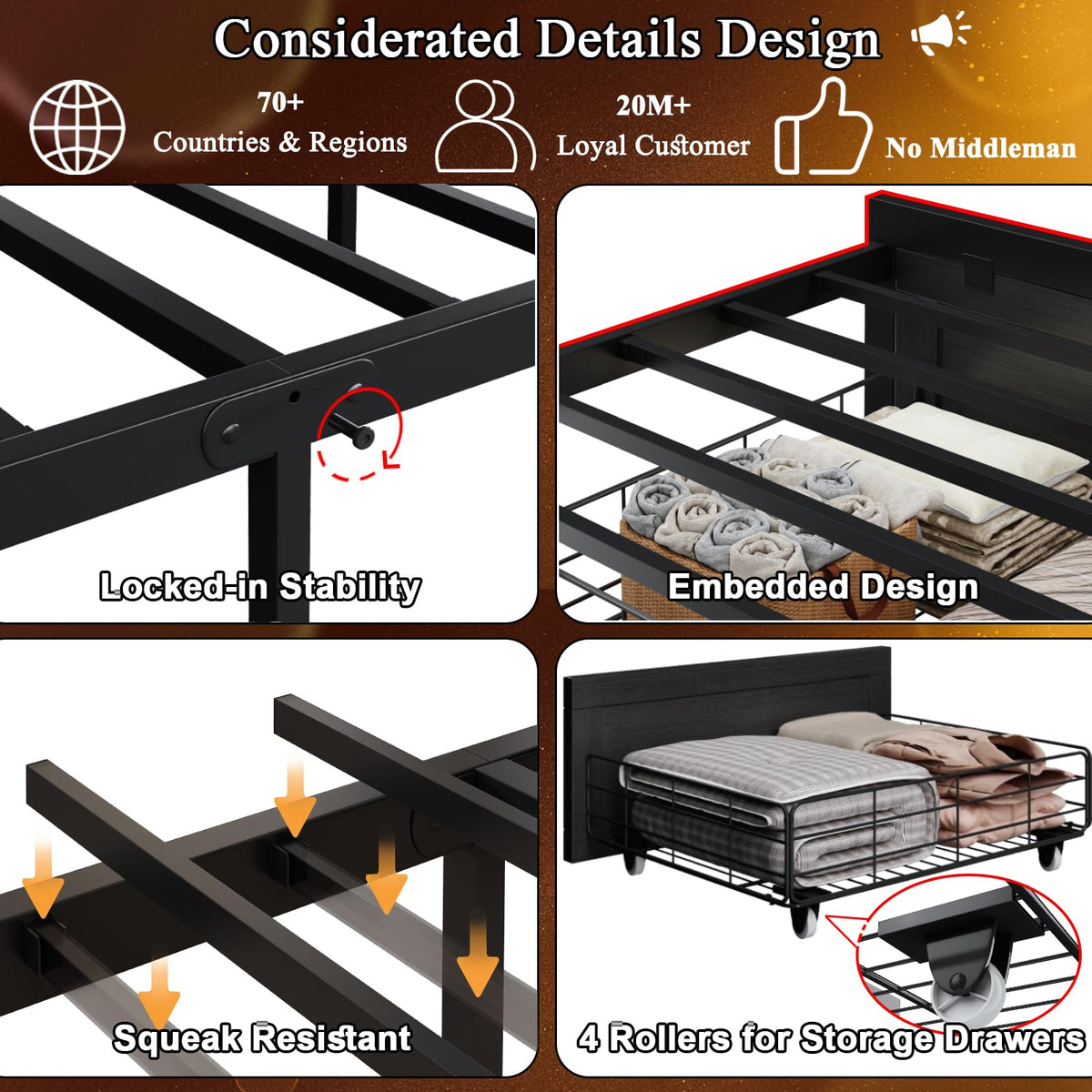 Black Twin Bed Frame with Storage Headboard and Drawers Z721903