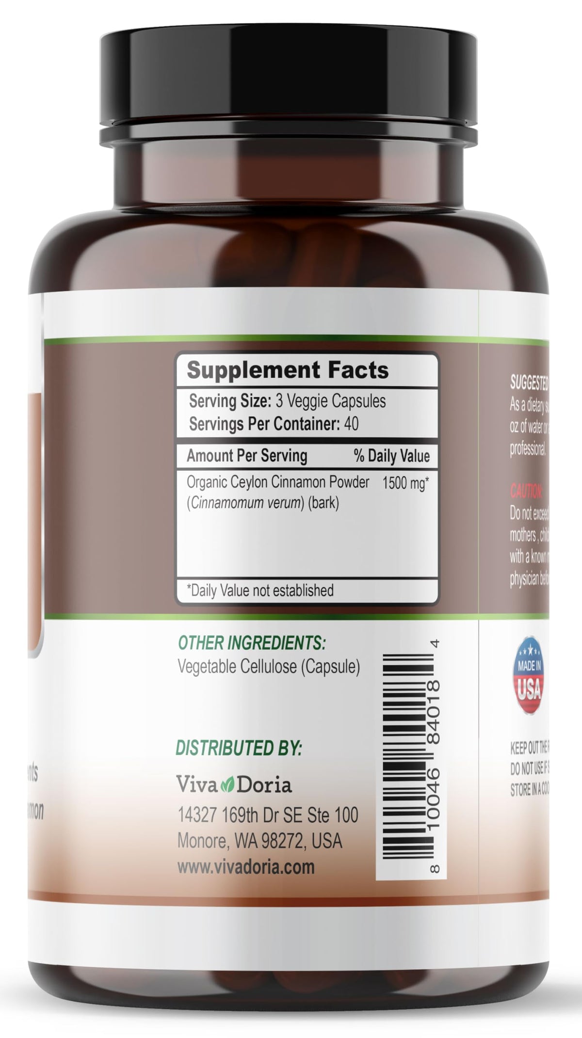 Ceylon Cinnamon 120 Veggie Capsules 1500mg Gelatin Free K56036