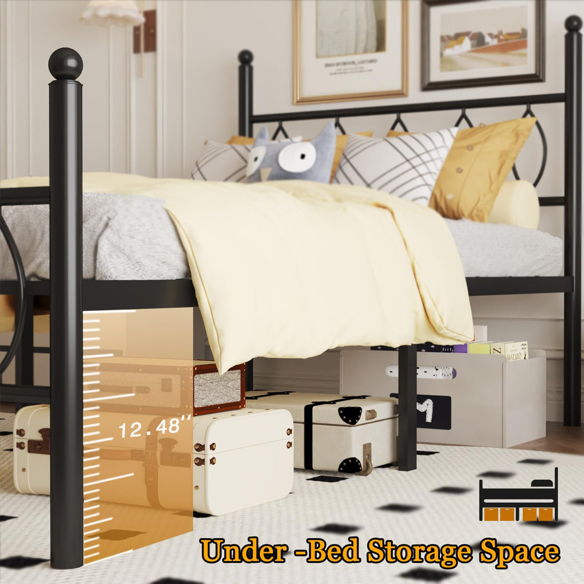Black 14 Inch Metal Platform Twin Bed Frame with Headboard X91638