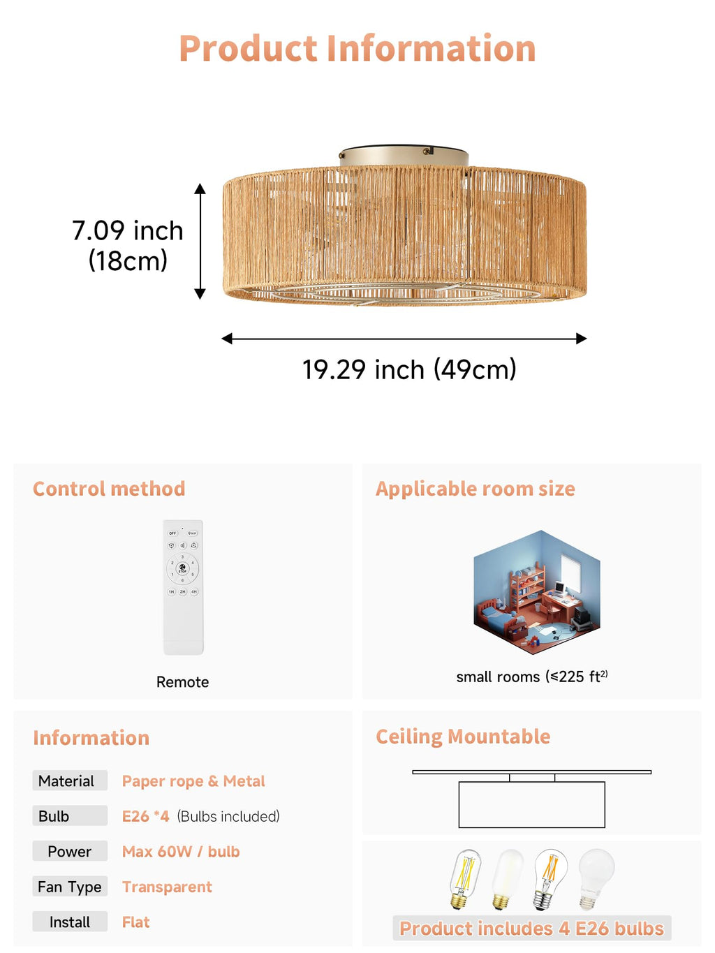 20" Rattan Ceiling Fan with Lights G65401
