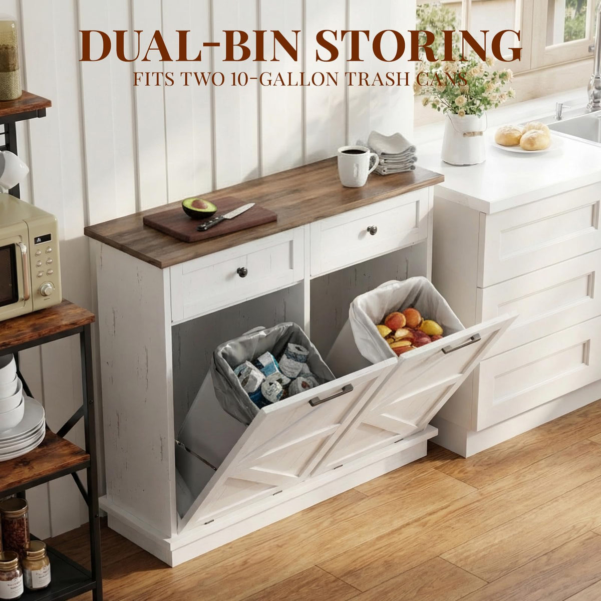 20 Gallon Wooden Tilt Out Trash Can Cabinet with 2 Drawers W7087