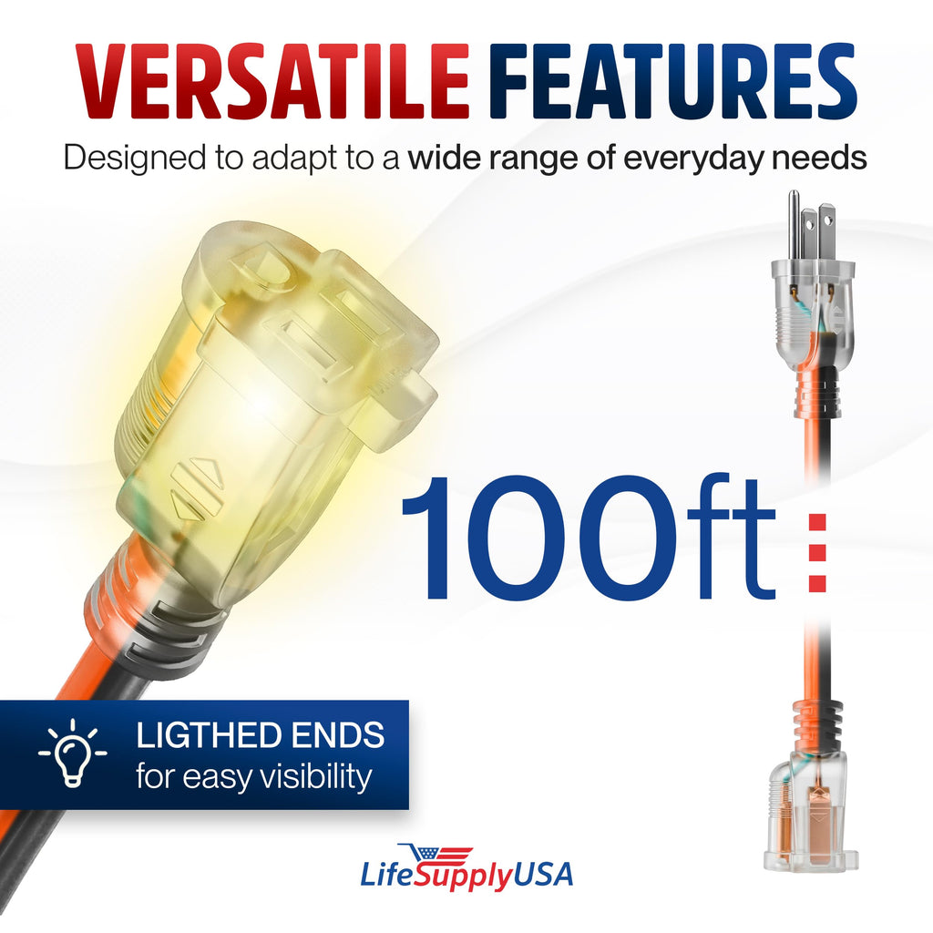 100ft 12/3 Gauge Heavy Duty Extension Cord, Waterproof, 15A 125V, Orange and Black P7668