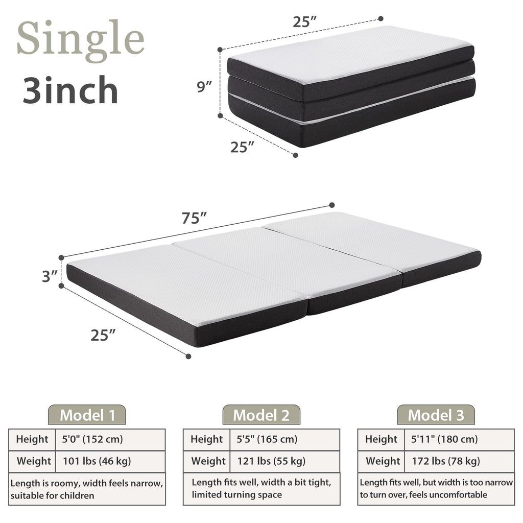3 inch Tri Fold Memory Foam Mattress with Washable Cover C541505