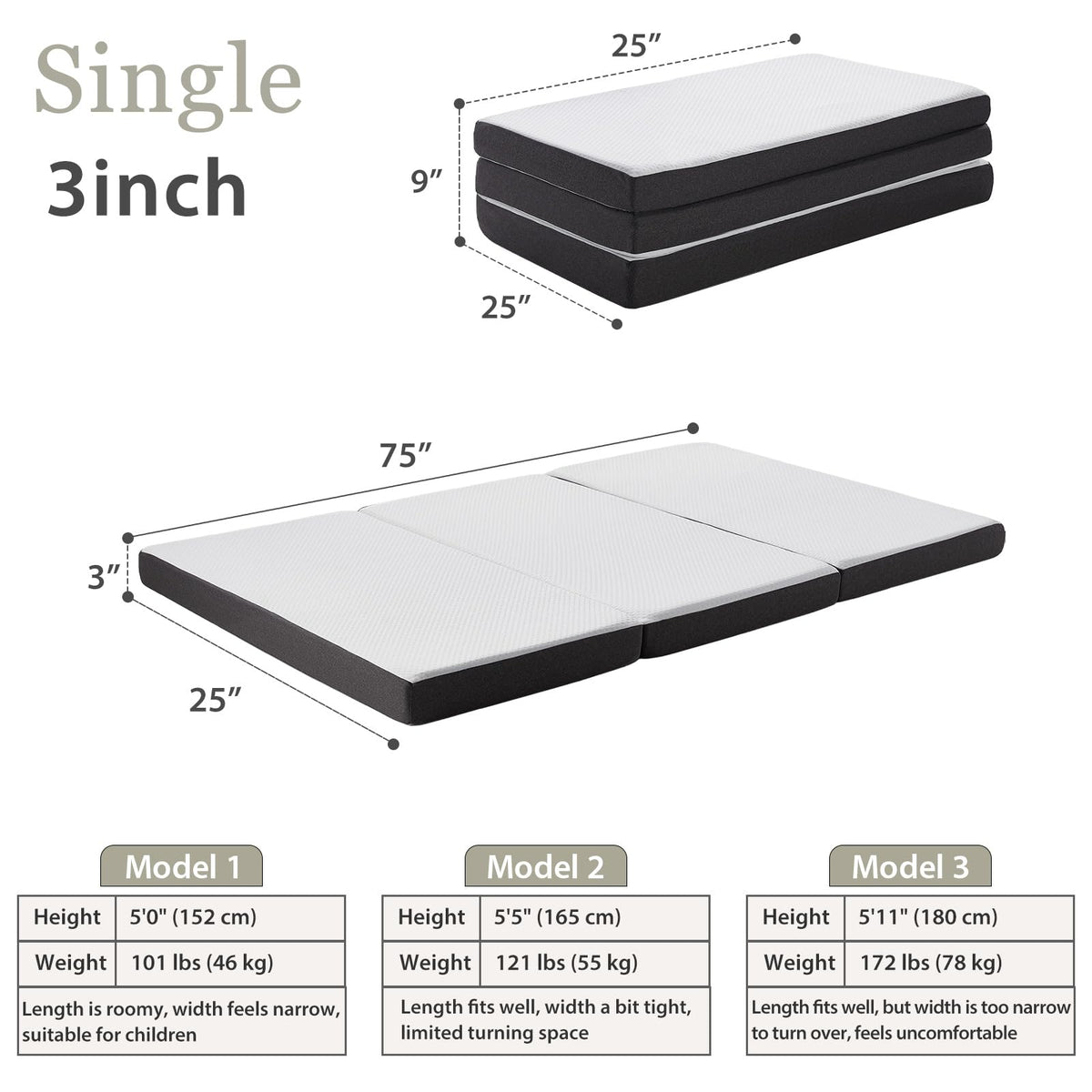 3 inch Tri Fold Memory Foam Mattress with Washable Cover C541505