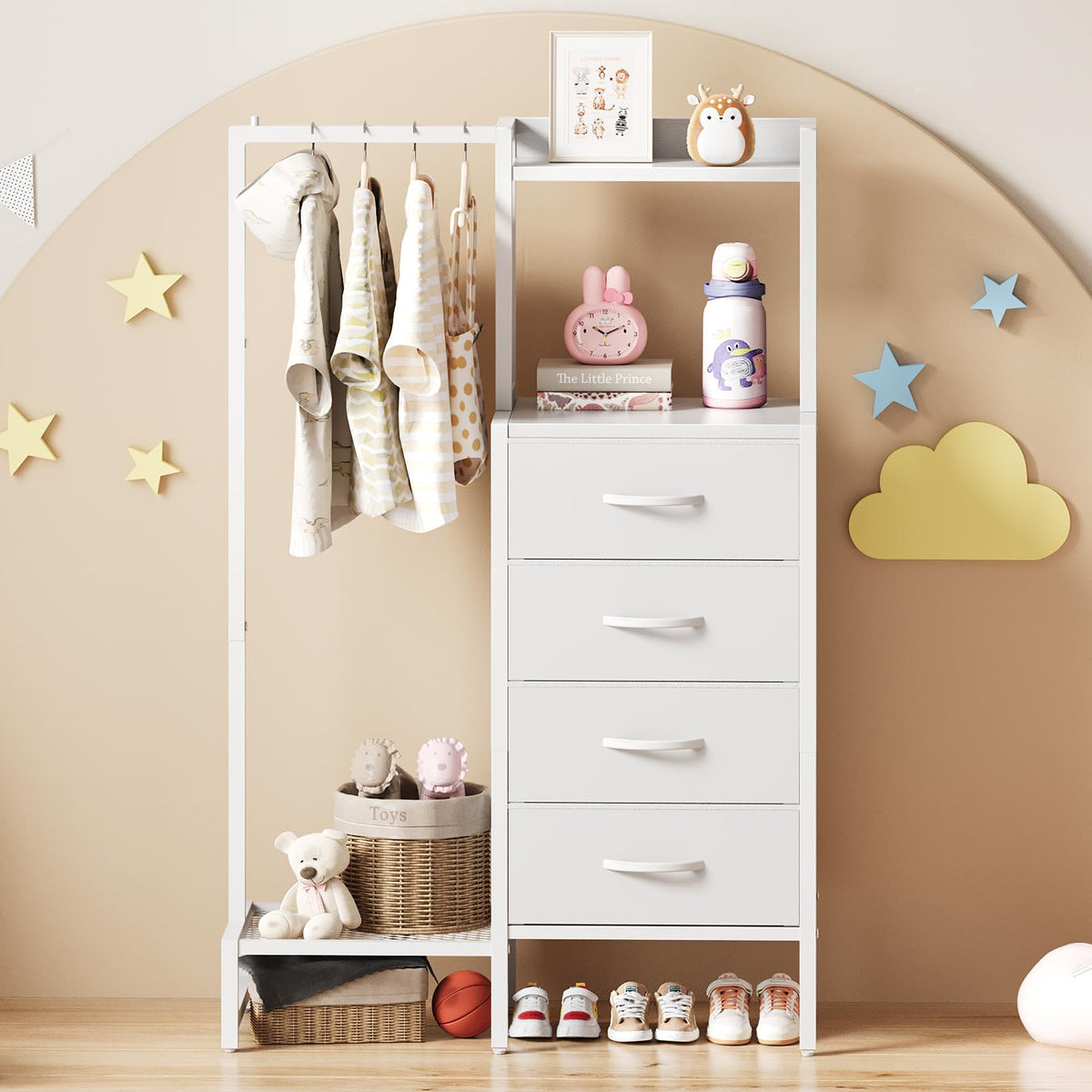 White 4 Drawer Dresser with Hanging Rack C49514