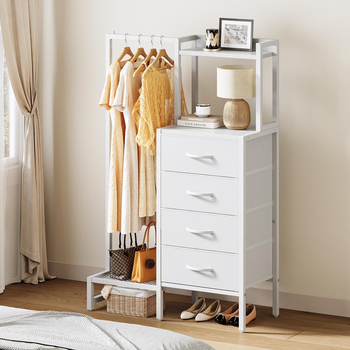 White 4 Drawer Dresser with Hanging Rack C49514