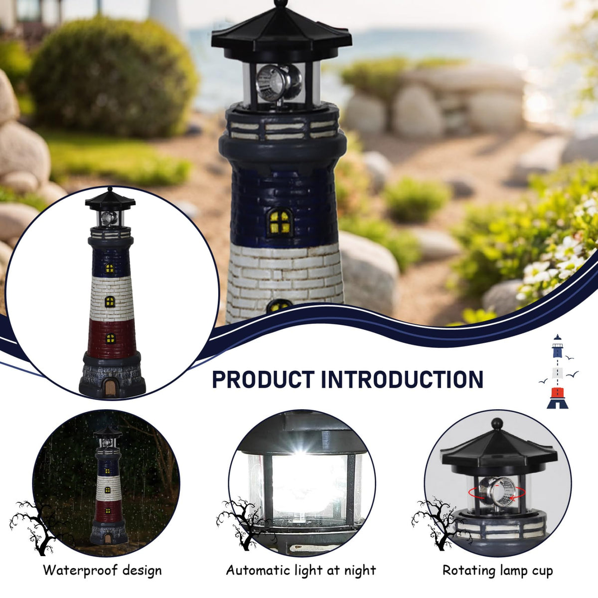 15" Tall Waterproof Resin Lighthouse Lamp with Rotating LED U92231